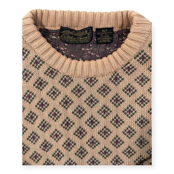 Vintage 90s Preppy Eddie Bauer Camel Diamond Patterned Sweater Men's XLT Grandpa - Picture 5 of 8